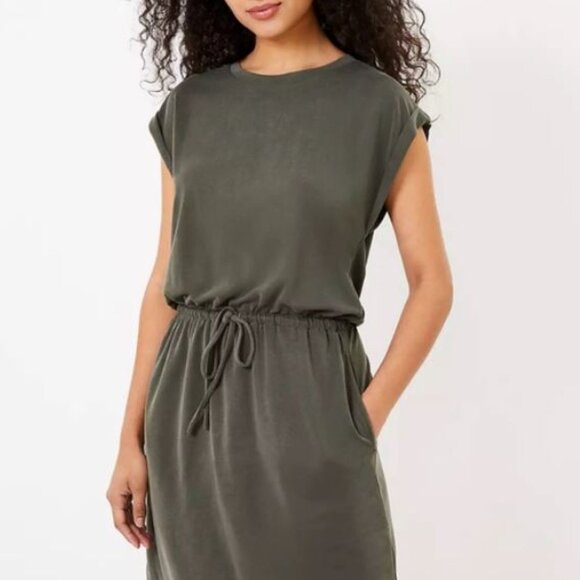 NWT Lou & Grey Cream Short Sleeve Drawstring Pockets Mini Dress S - Picture 2 of 9